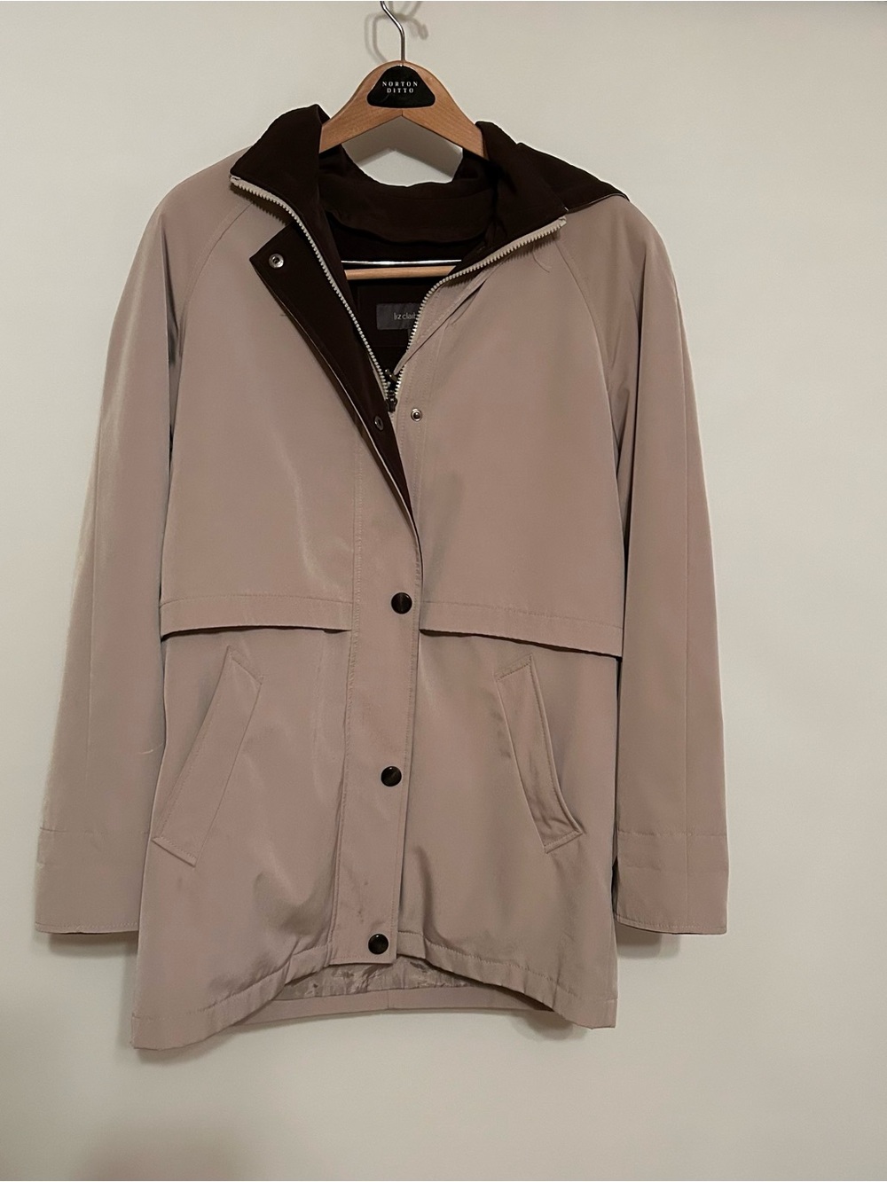 Liz Claiborne Taupe Trench Coat with Dark Brown Hood